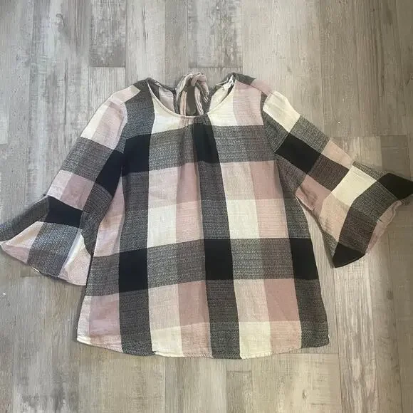 Ro & De Plaid Bell Sleeve Bow Back Blouse sz Medium - Picture 11 of 15